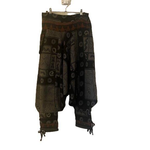 Harem Pants Bohemian Wide Leg Pants - Black and Brown, Large - Picture 1 of 6